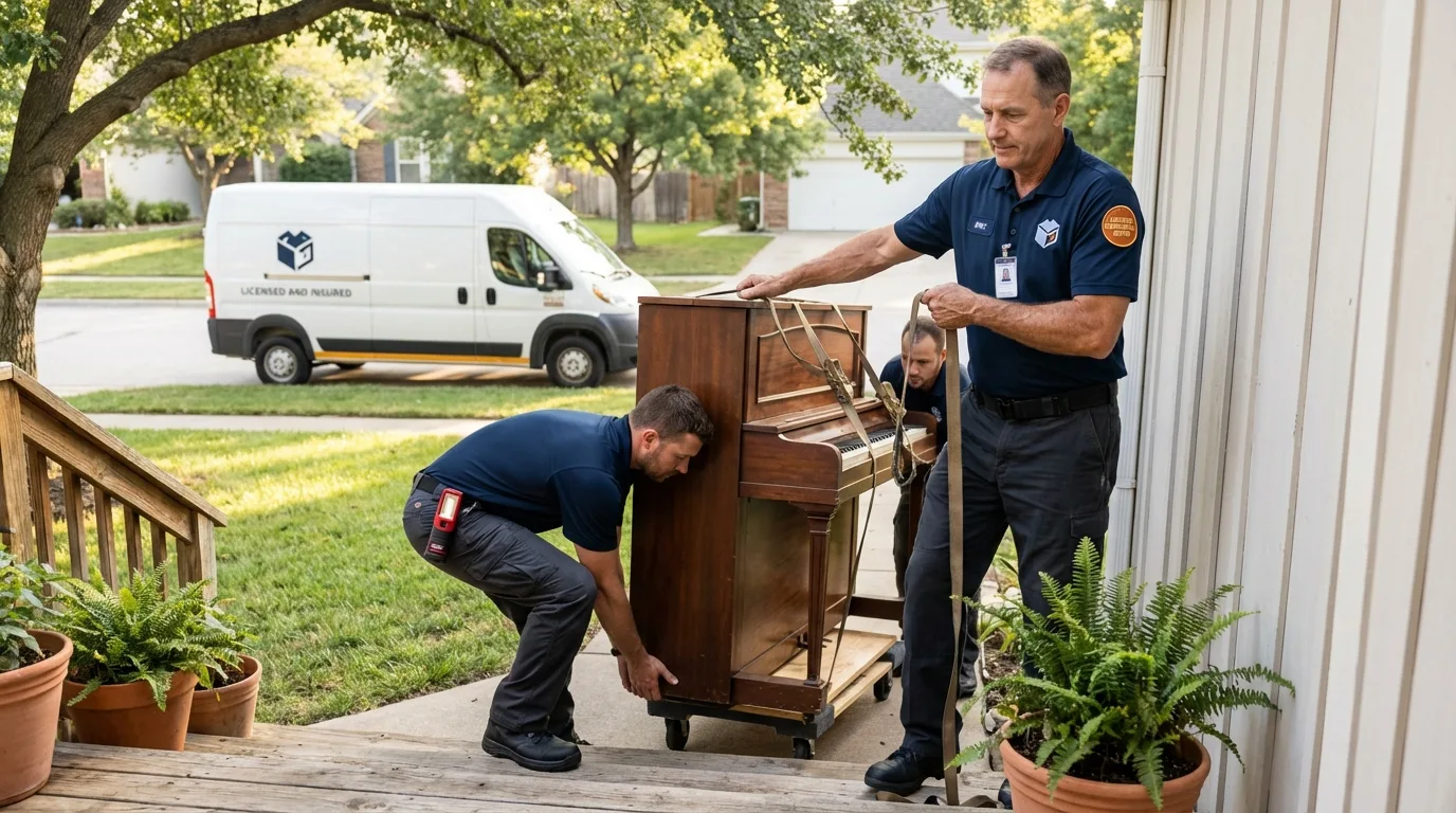 Licensed piano movers securing grand piano in Oakwood, IL