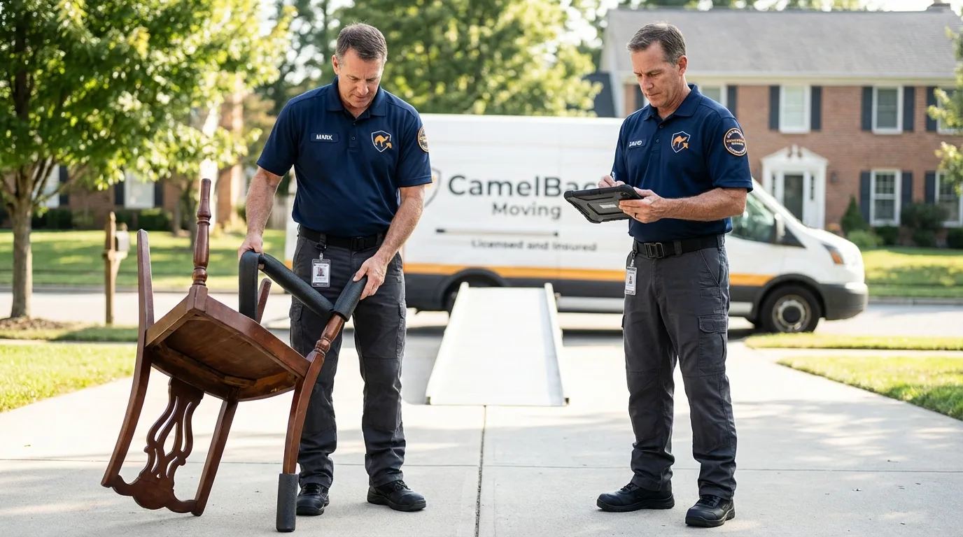 Movers inspecting furniture for damage prevention before loading in Oakwood, IL