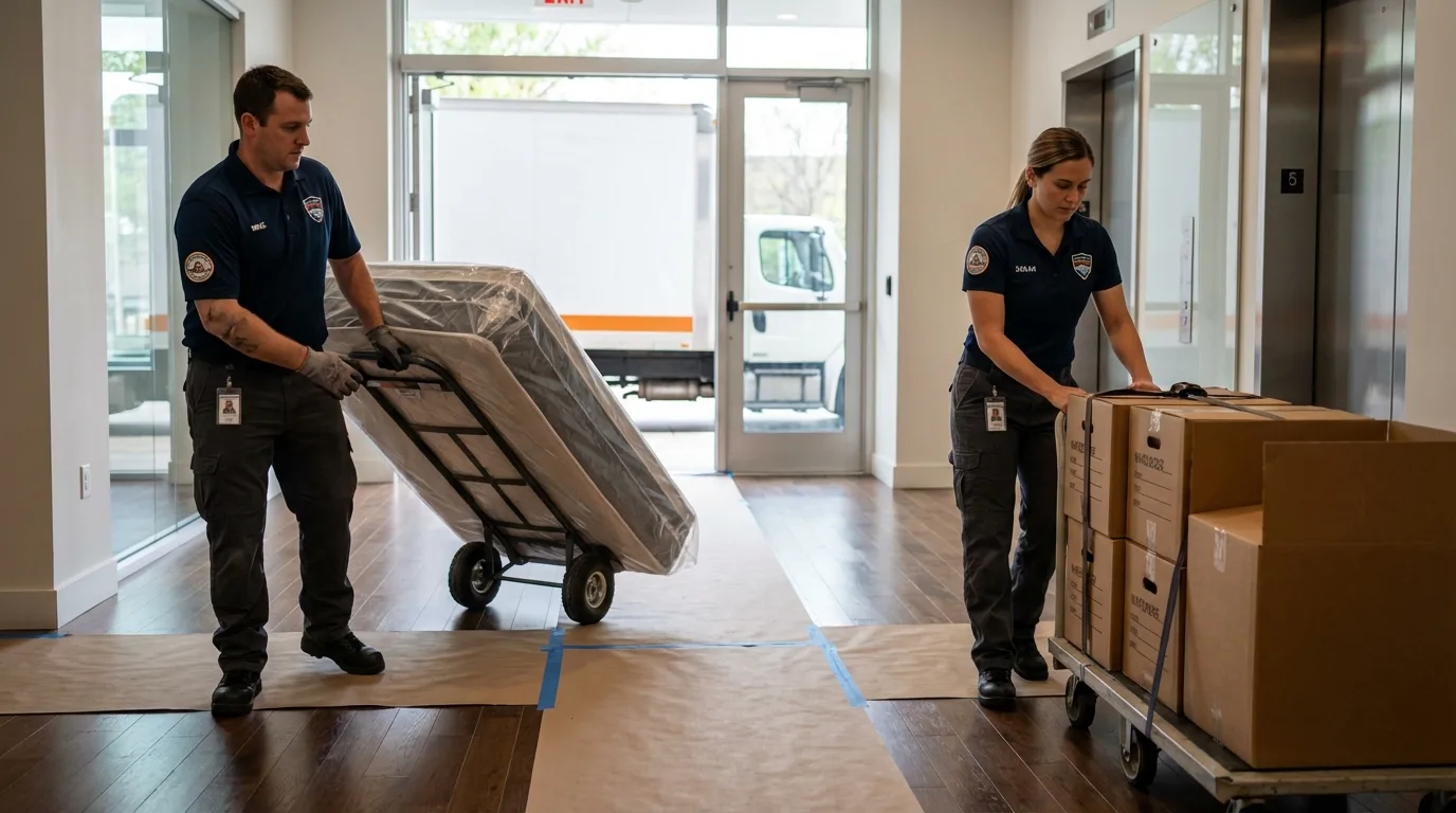 Professional apartment movers loading elevator in Oakwood, IL