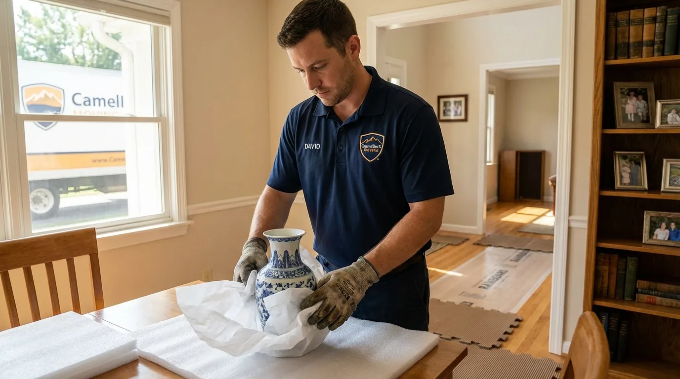 Professional crew carefully wrapping antique vase for senior downsizing move in Oakwood, IL